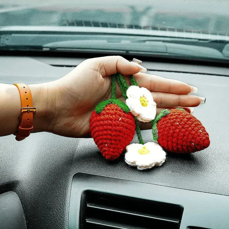 Cute Strawberry Crochet Car Mirror Hanging Accessories Decor – Joy