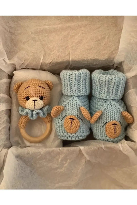 Crochet Bear Rattle Toy and Baby Shoes Set Crochet TrendyToy 