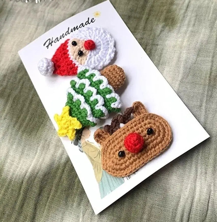 Crochet Christmas Tree, Santa Claus and Deer Hair Clips 3pc Crochet TrendyToy 