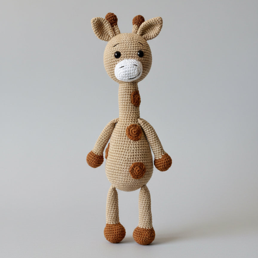 Crocheted giraffe stuffed animal in beige and brown, with long neck and spotted body, standing against a gray background.