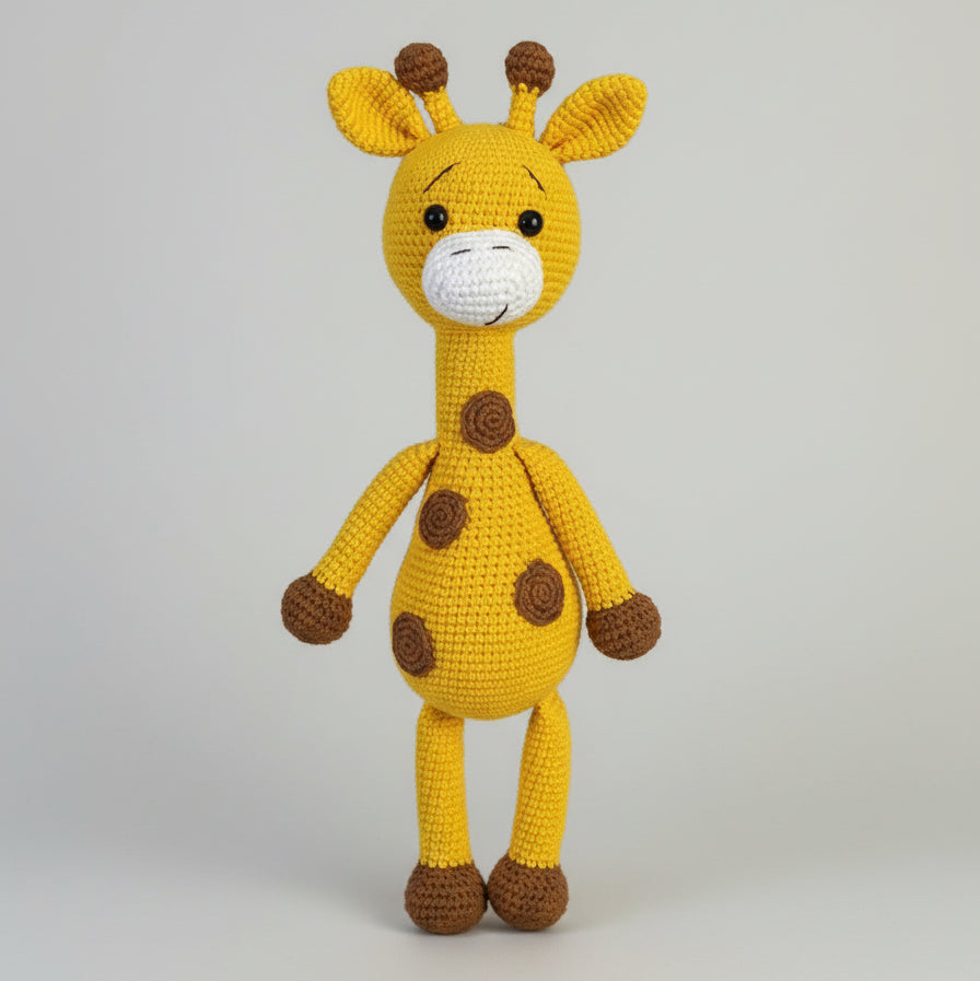 Yellow crocheted giraffe stuffed animal with brown spots, standing upright against a light gray background.