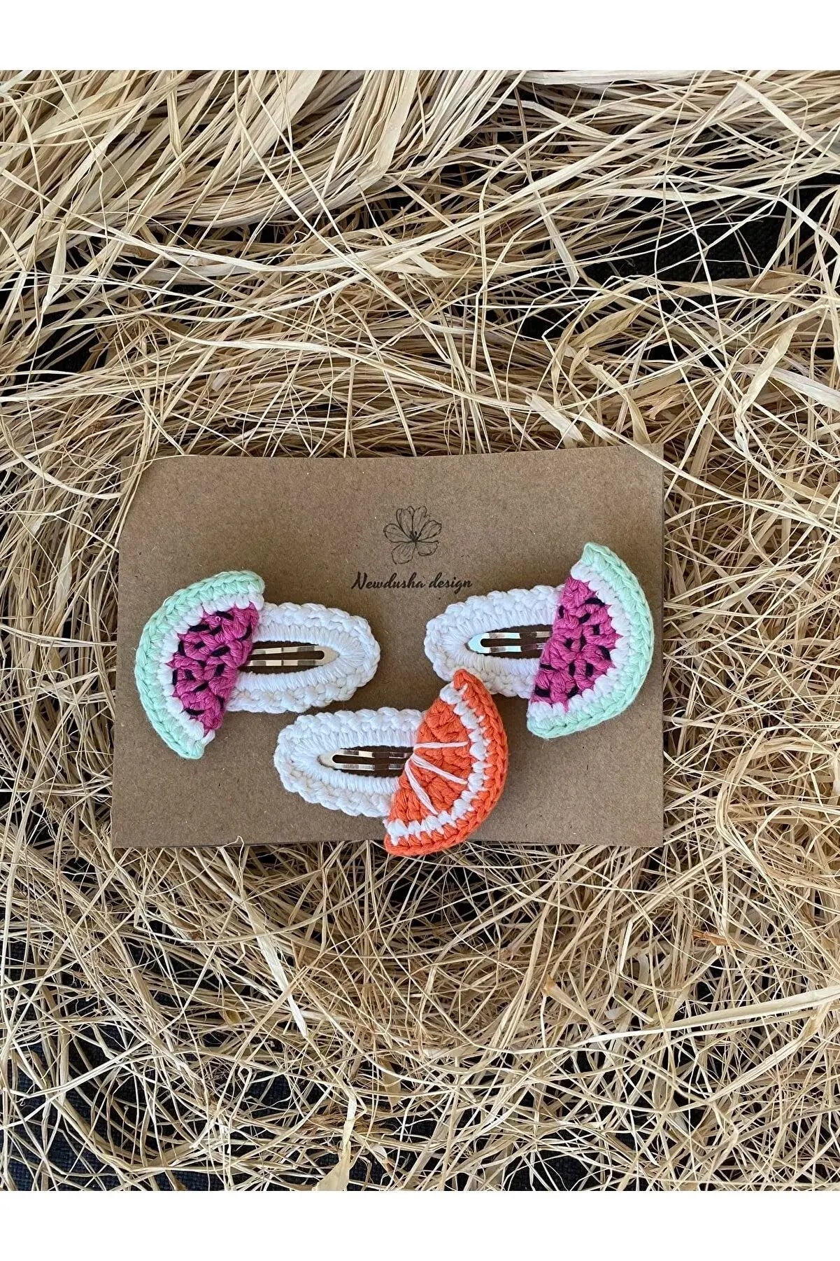 Crochet Dragon Fruit, Orange Hair Clips 3pc Crochet TrendyToy 