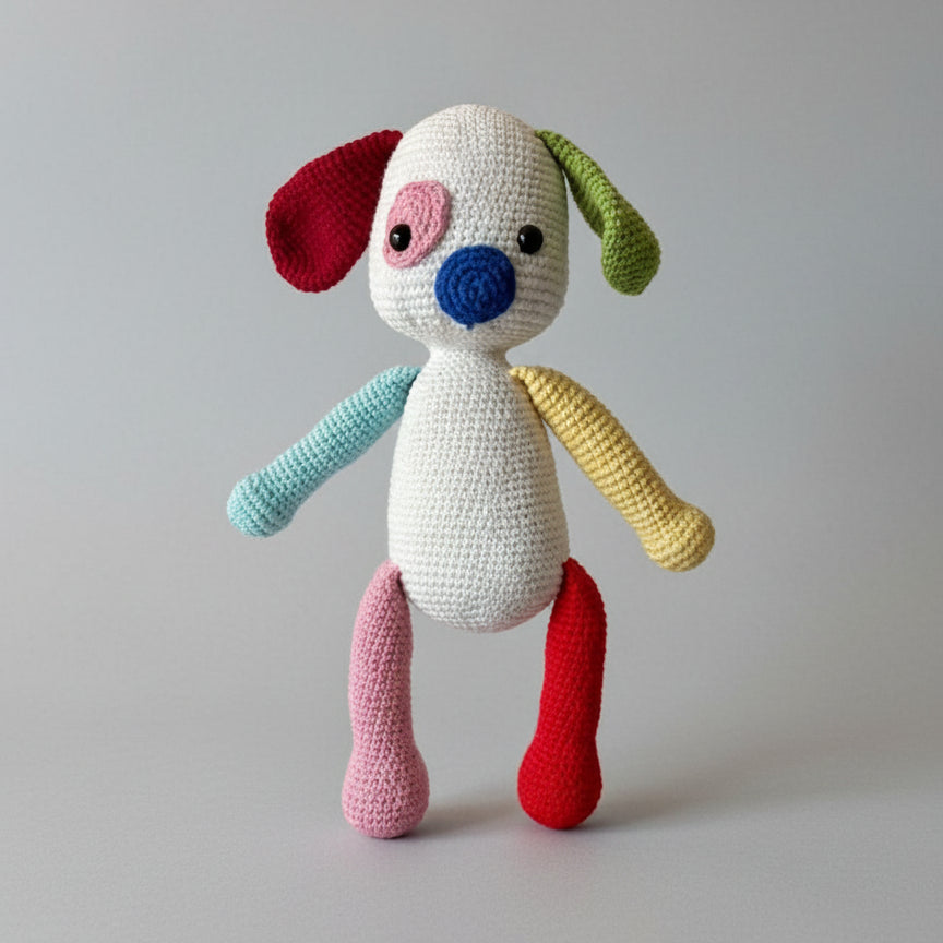 Crocheted stuffed dog with colorful mismatched limbs: red, green, yellow, blue, pink, and white body
