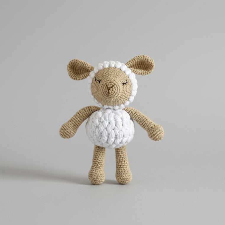 Crocheted lamb stuffed animal with closed eyes, white fluffy body and tan limbs, standing against a gray background.