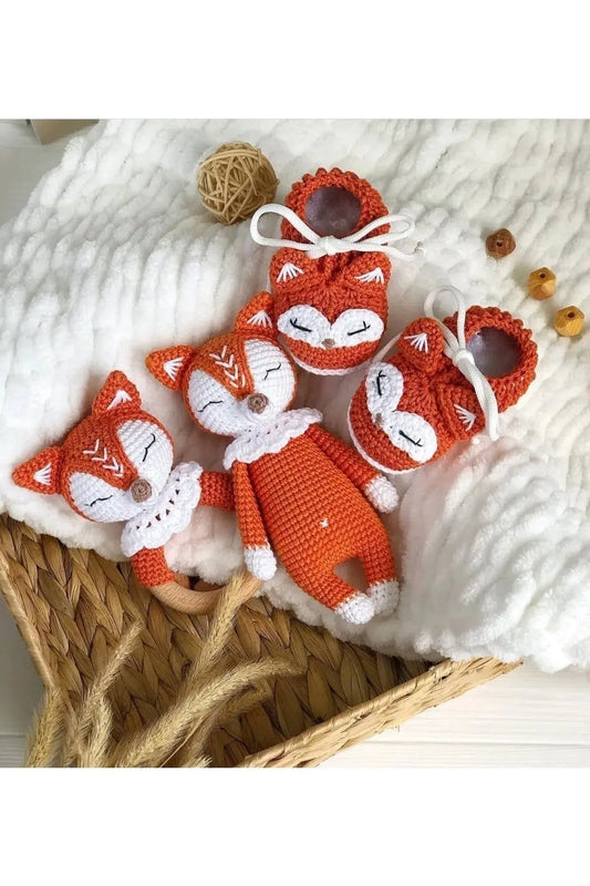 Crochet Newborn Toy Gift Set Fox | Crochet | amigurumi set, amigurumi toy, amigurumi toy set, baby gift, Crochet Animals, crochet gift, Crochet Rattles, crochet set, Crochet Toy Set, Crochet Toys, Dummy Clips, new born gift, new born toy, new born toy set | Joy Gift London Limited