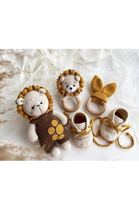 Crochet Newborn Toy Set Lion 4pc | Crochet | amigurumi set, amigurumi toy, amigurumi toy set, baby gift, Crochet Animals, crochet gift, Crochet Rattles, crochet set, Crochet Toy Set, Crochet Toys, Dummy Clips, new born gift, new born toy, new born toy set | Joy Gift London Limited