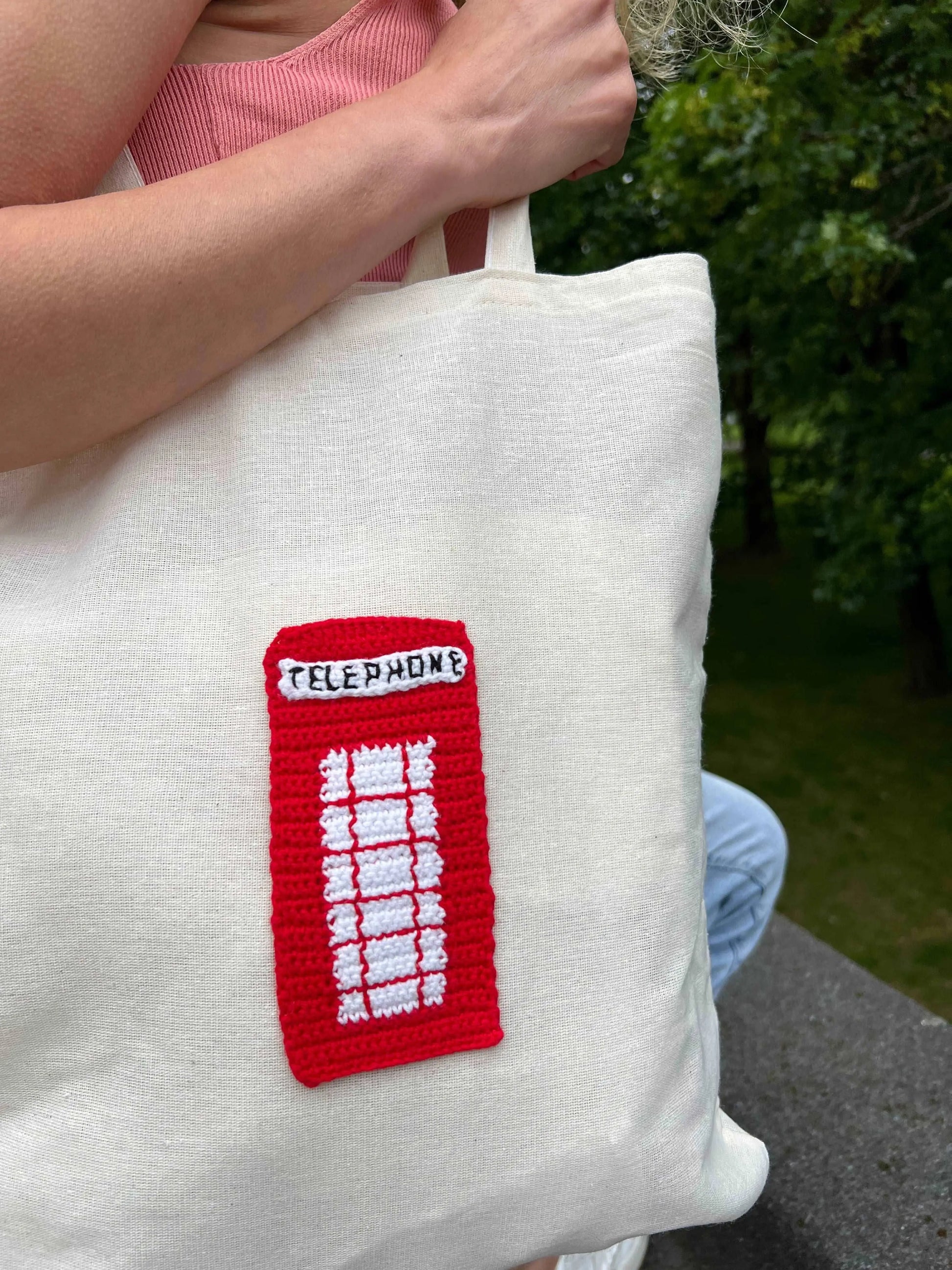 Crochet Red British Telephone Box Shopping Tote Bag Eco Friendly Shoppers London