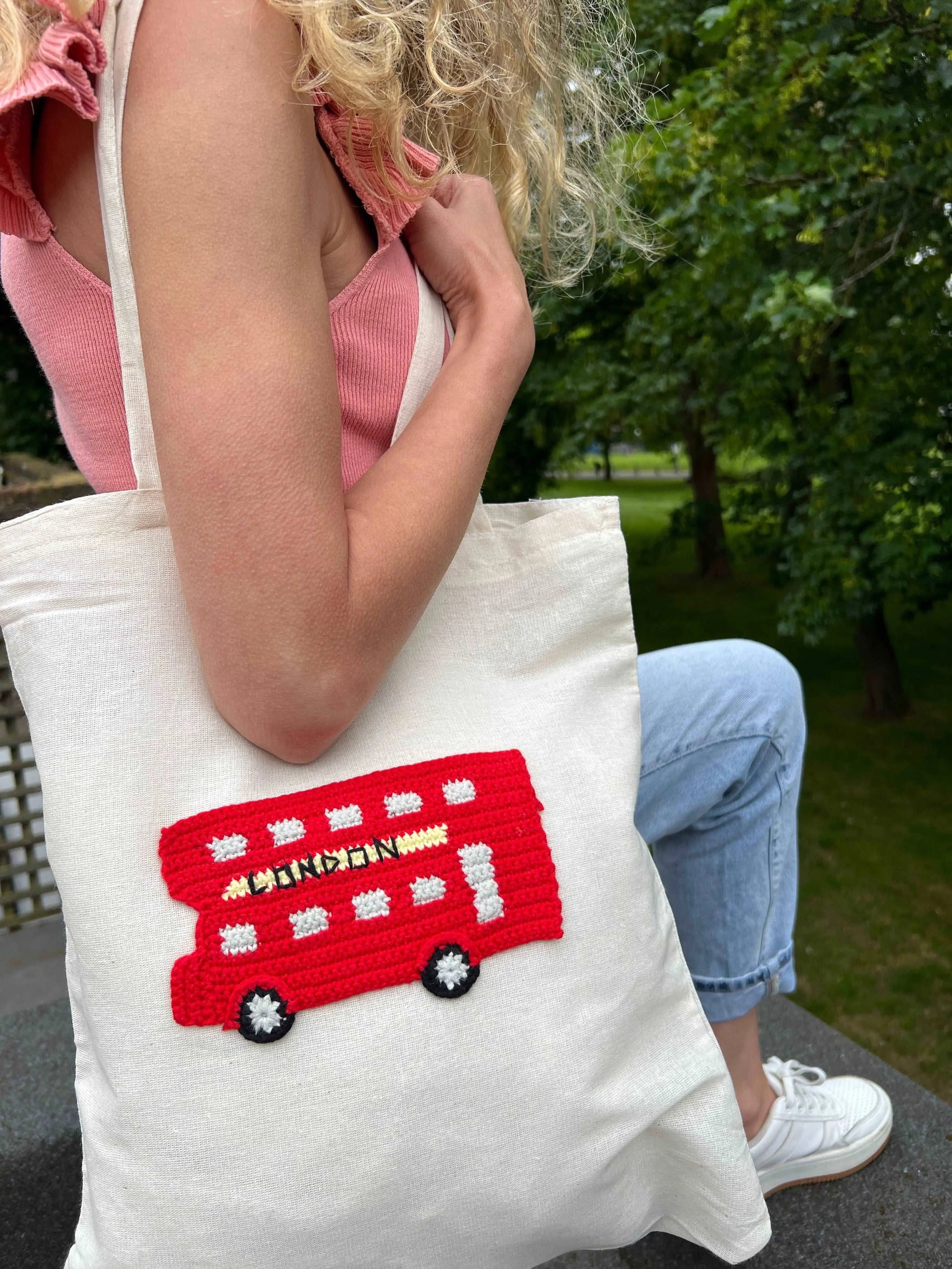 Crochet Red Double Decker Bus Shopping Tote Bag Eco Friendly Shoppers