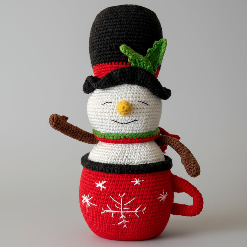 Crocheted snowman with black top hat, nestled in a red mug with snowflake design, wearing a green and red scarf.