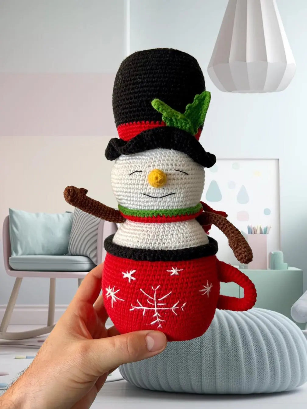 Crochet Snowman inside Cup Crochet Joy Gift London Limited 