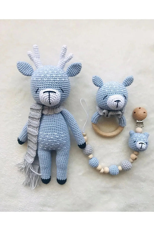 Crochet Toy Set Blue Deer | Crochet | amigurumi set, amigurumi toy, amigurumi toy set, baby gift, Crochet Animals, crochet gift, Crochet Rattles, crochet set, Crochet Toy Set, Crochet Toys, Dummy Clips, new born gift, new born toy, new born toy set | Joy Gift London Limited