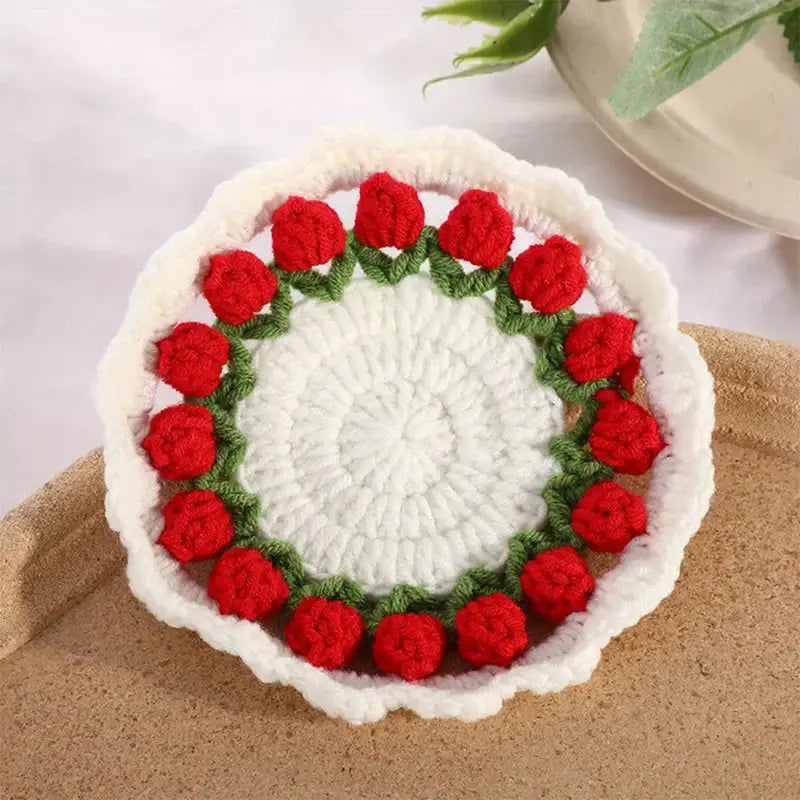 Crochet Tulip Flower Coaster Temu Red 