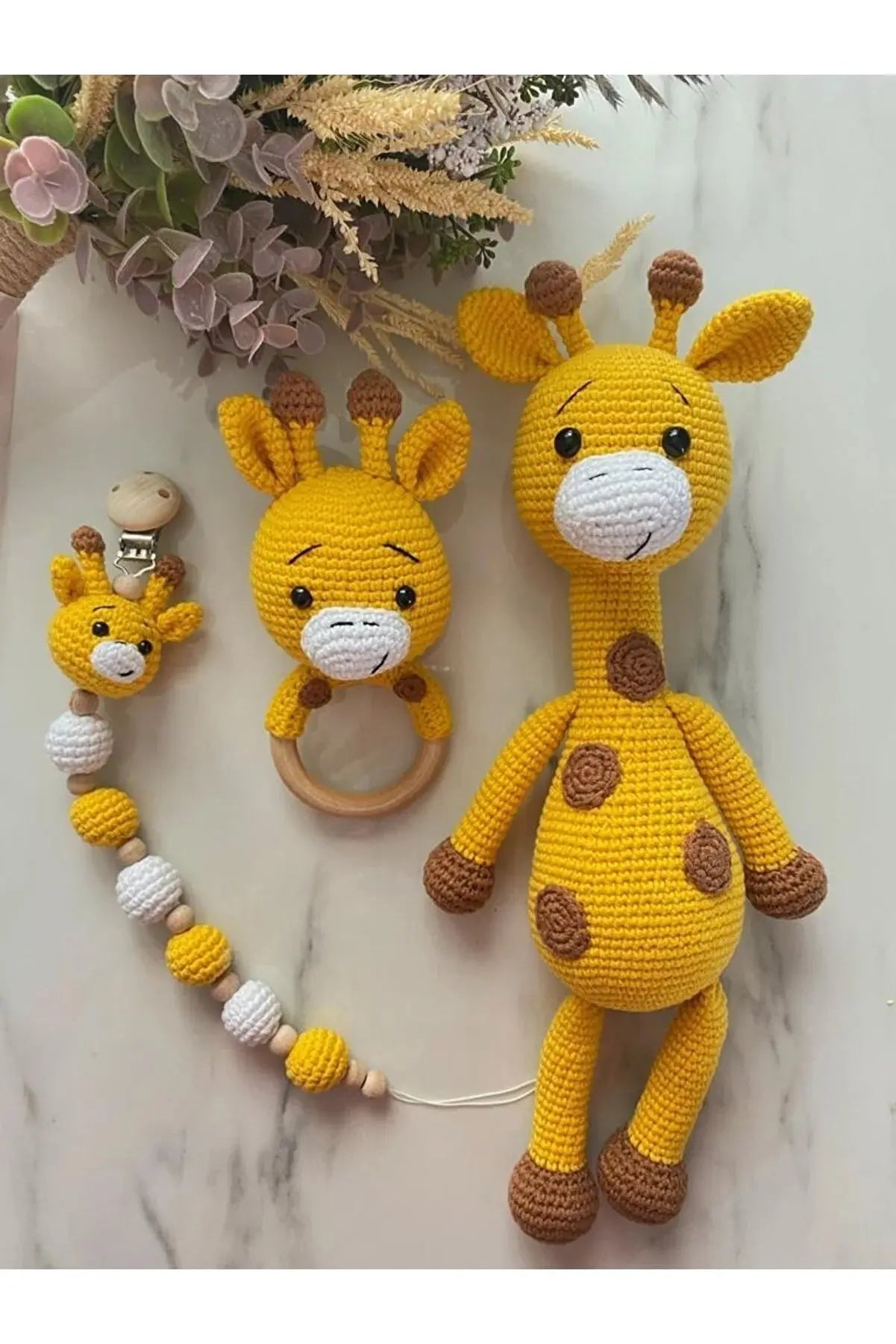 Crochet Yellow Giraffe Toy Set | Crochet | amigurumi set, amigurumi toy, amigurumi toy set, baby gift, Crochet Animals, crochet gift, Crochet Rattles, crochet set, Crochet Toy Set, Crochet Toys, Dummy Clips, new born gift, new born toy, new born toy set | Joy Gift London Limited