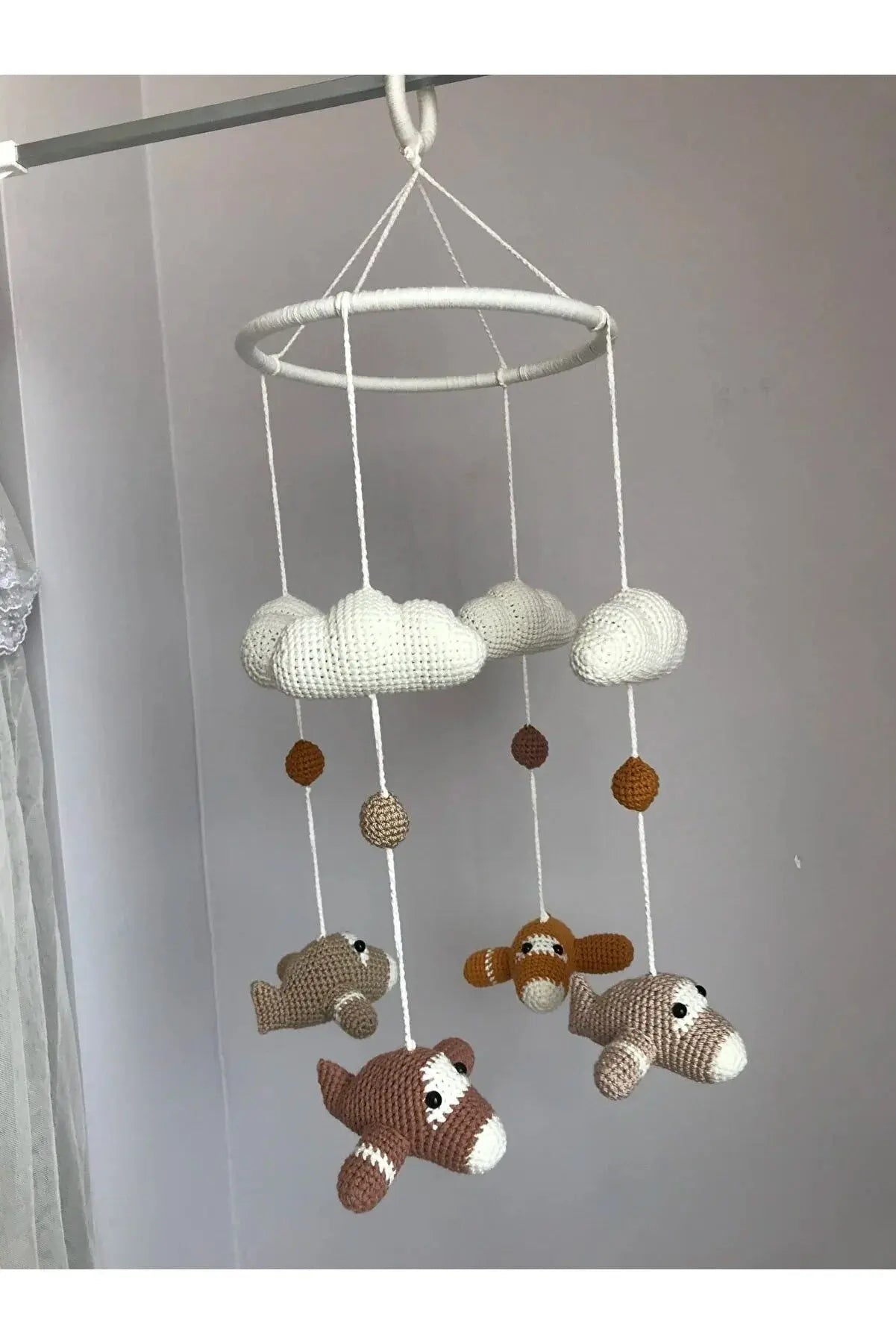 Handmade Crochet Baby Room Pendant made of wood/mobile, Cloud/Plane Bed Bell, Soothing Toy Crochet TrendyToy 