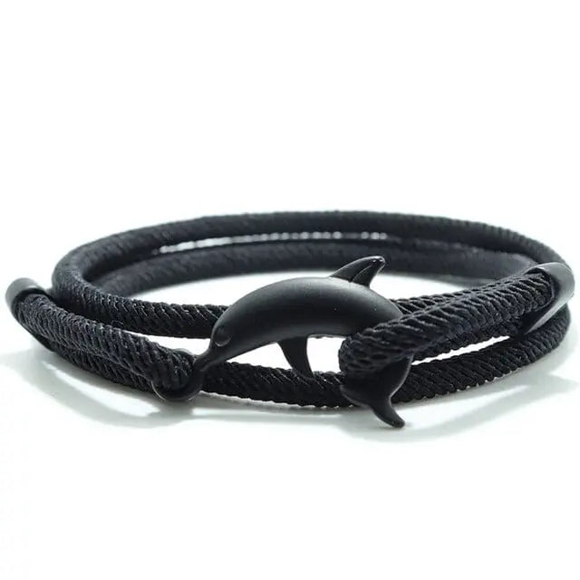 Multilayer 4mm Milan Rope Viking Bracelet Whale/Tail/Shark/Turtle/Manta Ray/Dolphin Charms AliGiftStore Dolphin-Black 